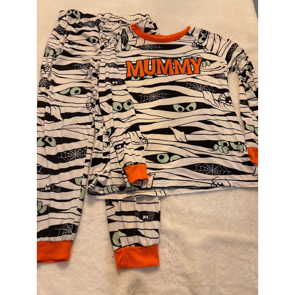 Way to Celebrate Halloween Mummy Pajama Set Women L 12-14 White Orange Black